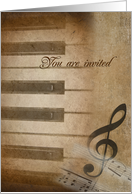 Piano recital invitation-piano keys and treble clef with texture card