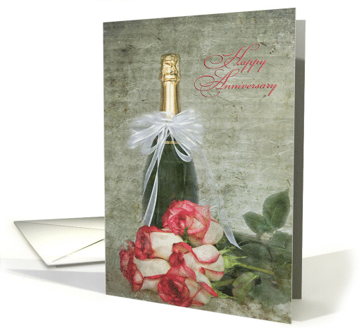 Anniversary for couple rose bouquet with bottle of champagne card