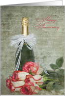 Anniversary for couple rose bouquet with bottle of champagne card