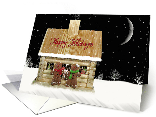 Christmas Log Cabin With Gingerbread Couple In Snowflakes card