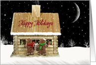 Christmas Log Cabin With Gingerbread Couple In Snowflakes card
