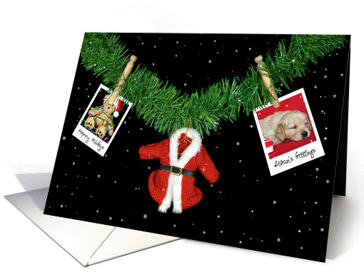 Christmas-holiday photos hanging on garland with old clothespins card