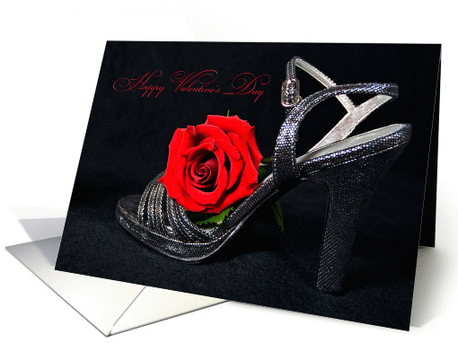 Valentine's Day-red rose on silver high heel on black card (539608)