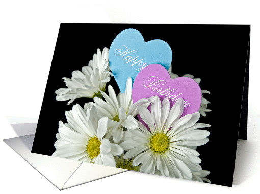 Birthday- hearts in white daisy bouquet card (547350)