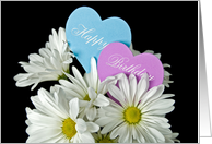 Birthday- hearts in white daisy bouquet card