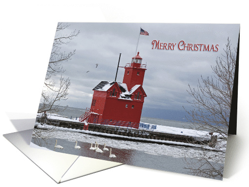 Christmas red lighthouse with seven swans in Michigan card (551364)