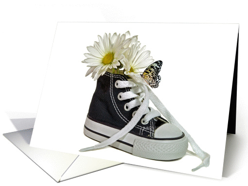 Birthday-daisy and butterfly on a sneaker isolated on white card