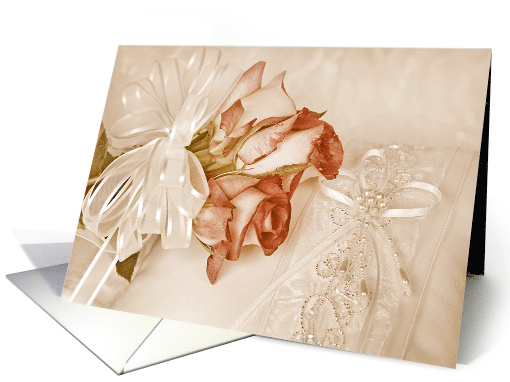 Sepia Rose Bouquet on Bridal Pillow for Wedding Congratulations card