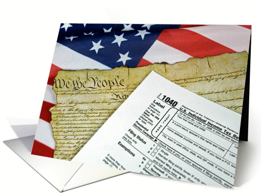 U.S.Constitution and income tax form on flag card (564537)