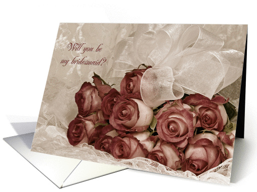 Bridesmaid request-rose bouquet in old-fashioned sepia tone card
