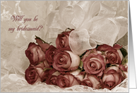 Bridesmaid request-rose bouquet in old-fashioned sepia tone card