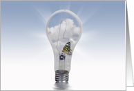 Blank Card- butterfly in a light bulb with sunlight rays in clouds card