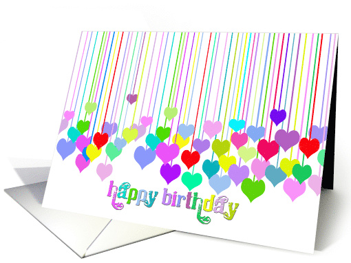 Happy Birthday colorful hanging hearts on white card (570618)