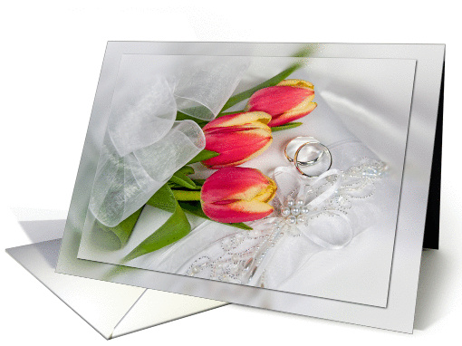 Anniversary tulip bouquet with silver rings on pillow card (575695)