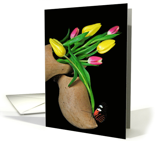 Birthday for Friend tulips in Dutch wooden shoe with butterfly card