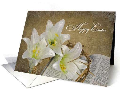 Easter-lilies and crown of thorns on Holy Bible card (590556)