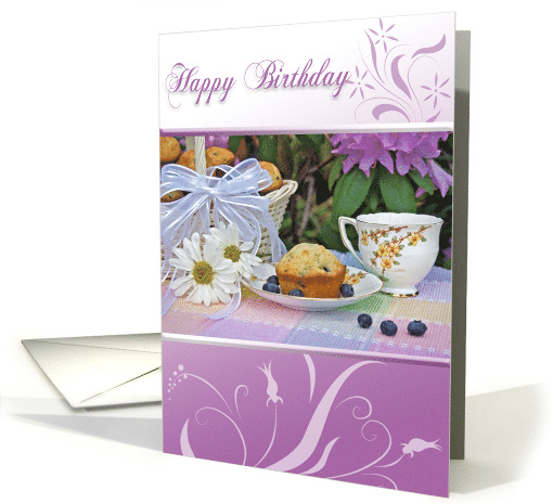 Birthday Vintage Teacup with Blueberry Muffin and Daisy Basket card