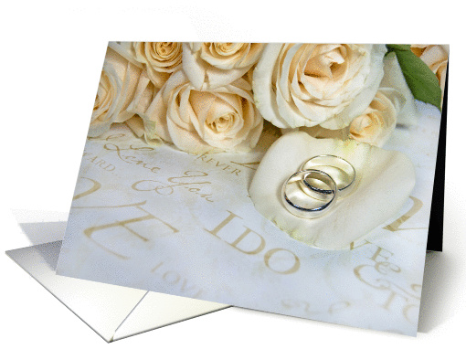 Wedding Congratulations-wedding rings on rose petal with bouquet card