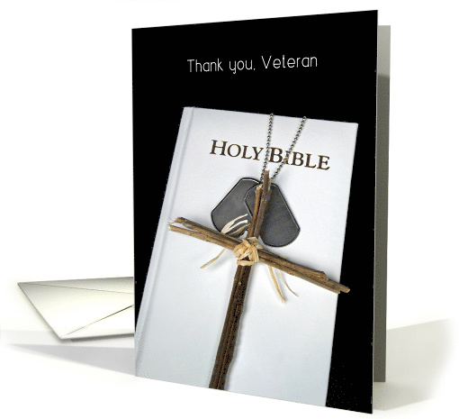 Veterans Day military dog tags and cross on white Holy Bible card