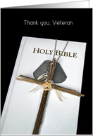 Veterans Day military dog tags and cross on white Holy Bible card