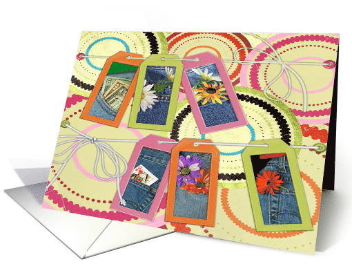 blue jean pocket photos tags on string for birthday card (601347)