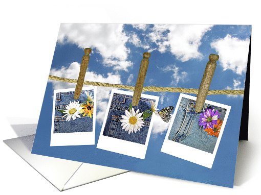 Birthday daisies in blue jean pocket photos on clothesline card
