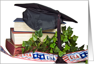 Graduation-black graduation cap on books with ivy card