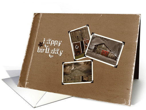 wooden barn photos in retro snapshot frames on brown texture card