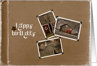 wooden barn photos in retro snapshot frames on brown texture card