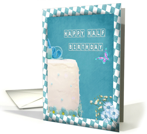 Half Birthday, white square gift cake with blue bow fondant card