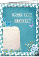 Half Birthday, white square gift cake with blue bow fondant card