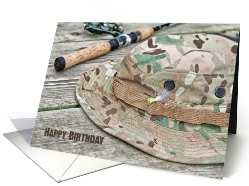Birthday for him, fishing hat and pole on rustic wood card (638016)