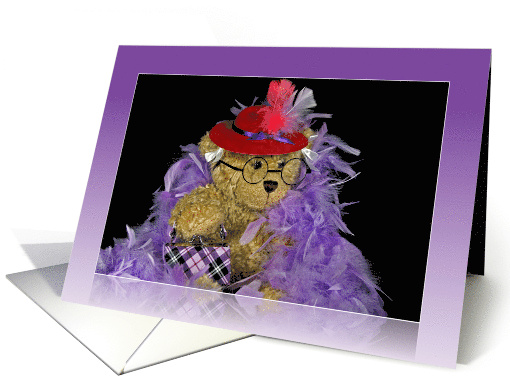 Birthday teddy bear wearing a red hat and purple boa card (638578)