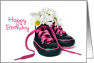 Happy Birthday, pink shoe laces & daisies card