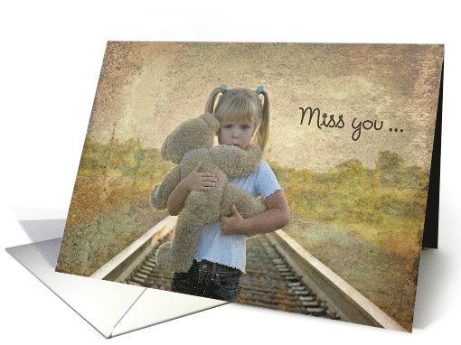Miss You, little girl with teddy bear on railroad tracks card (639240)