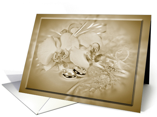 Wedding congratulations for Friend-orchids and rings on pillow card