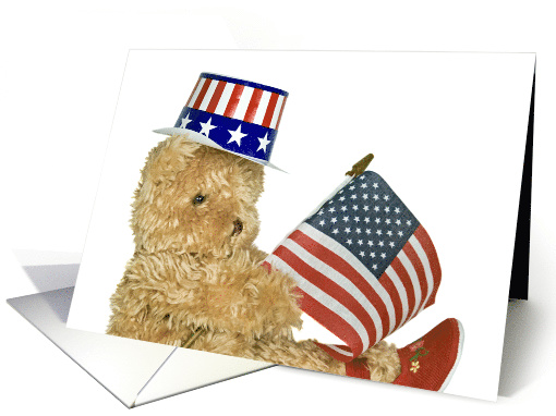 4th of July patriotic teddy bear with hat and flag on white card
