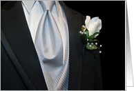 Groomsman request black tuxedo with silver tie and white boutonniere card