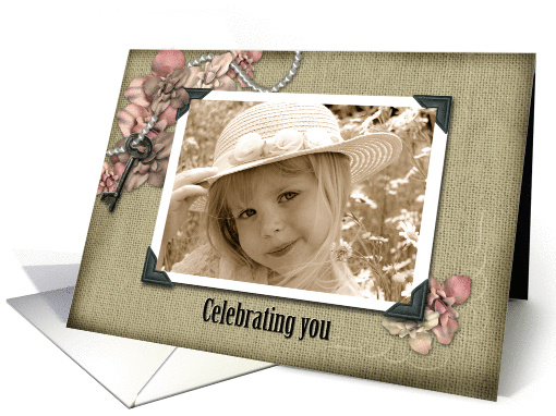 Birthday- little girl in old-fashioned snapshot photo frame card