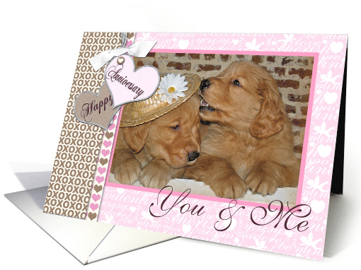 Anniversary golden retriever puppies with heart frame card (679949)