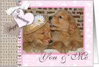Anniversary golden retriever puppies with heart frame card