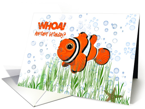 Birthday humor clown fish with starfish in bubbles card (680576)