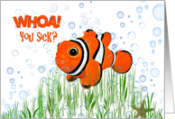Get Well Soon cute clown fish with bubbles and starfish in seaweed card