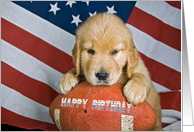 golden retriever puppy on football with American flag card