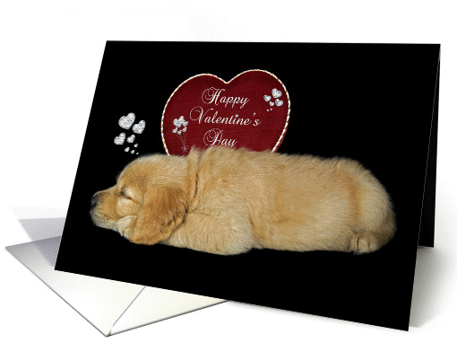 Valentine with Golden Retriever puppy and silver hearts on black card