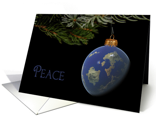 Christmas world globe ornament for peace hanging from pine bough card
