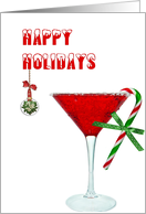 Christmas cocktail with candy cane and mistletoe card