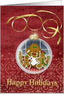Happy Holidays gingerbread cookie ornament on textured red card