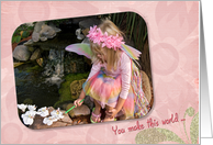 Birthday-little fairy girl painting a white orchid blossom card