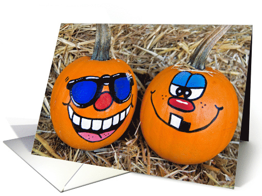 Anniversary For Couple, Pair Of Funny Faces On Orange Pumpkins card